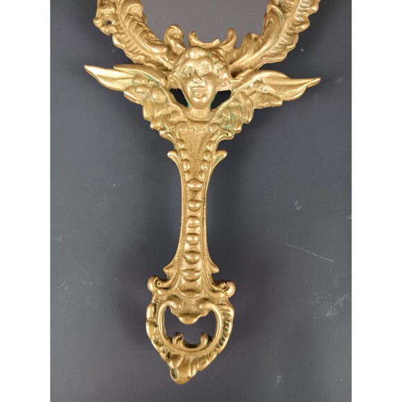 Victorian Cherub Hand Mirror With 4 Feet Highly Ornate Vintage Solid Brass - Picture 6 of 10